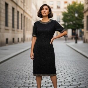 Mark & John by GOPAL - Black Beaded Silk Cocktail Dress Gold Bead Detail Medium